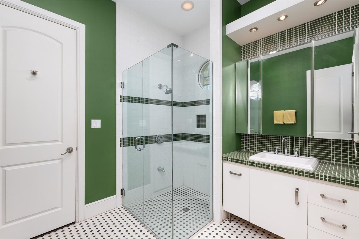 Bathroom, Glass Shower, Interior, Recessed Lighting, Tile Countertops