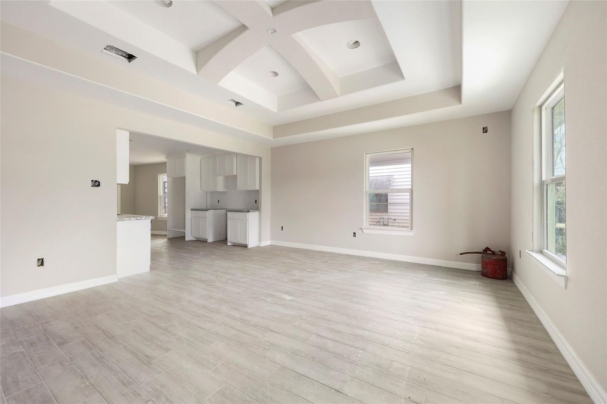 Empty room, Interior, Kitchen, Recessed Lighting, Wood Texture Flooring