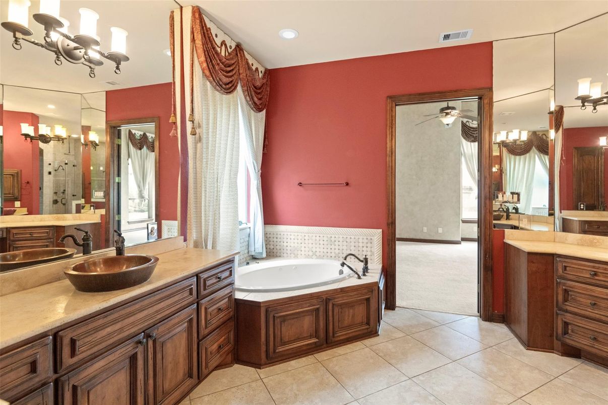 Bathroom, Chandelier, Dual Sink Vanities, Interior, Recessed Lighting