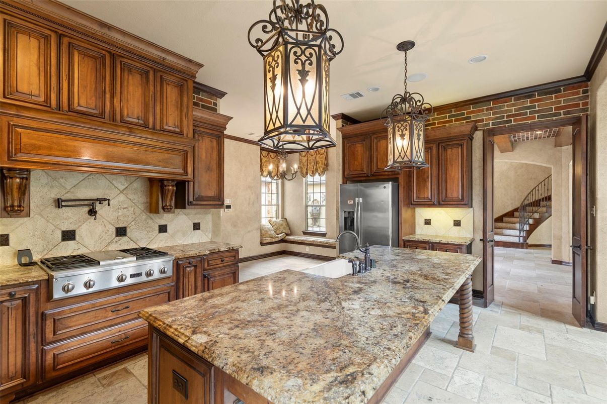 Interior, Kitchen, Pendant Lights, Recessed Lighting, Stainless Steel Appliances, Stone Walls
