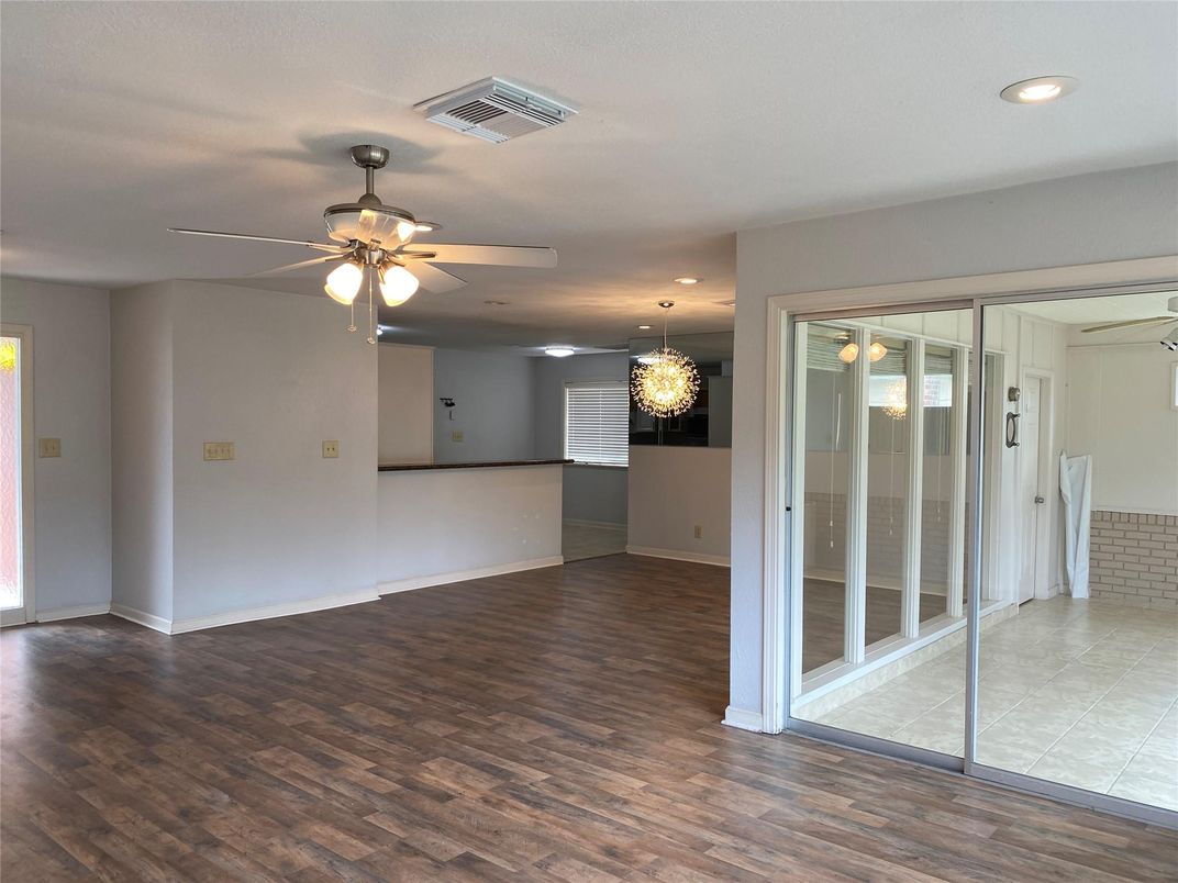 Chandelier, Empty room, Interior, Recessed Lighting, Wood Texture Flooring
