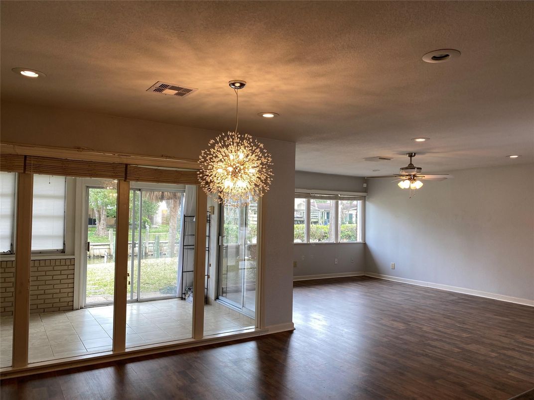 Chandelier, Empty room, Interior, Recessed Lighting, Wood Texture Flooring