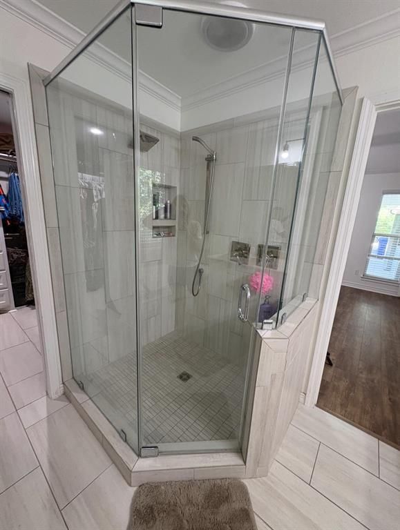Bathroom, Glass Shower, Interior, Wood Texture Flooring