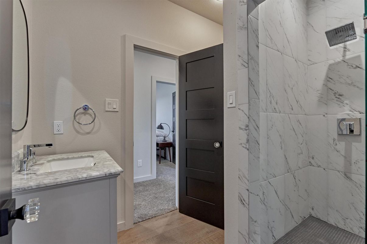 Bathroom, Interior, Marble Walls, Wood Texture Flooring