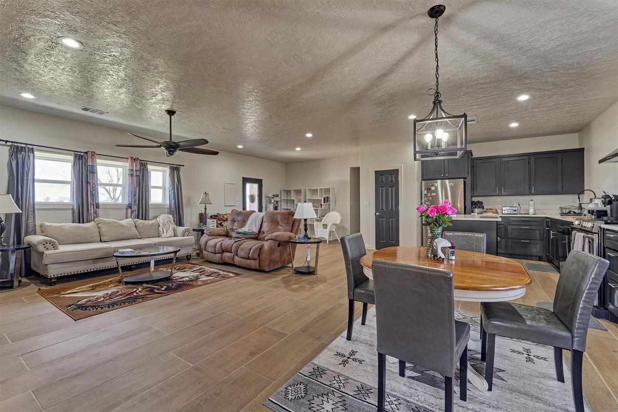 Dining room, Interior, Kitchen, Living room, Pendant Lights, Recessed Lighting, Wood Texture Flooring