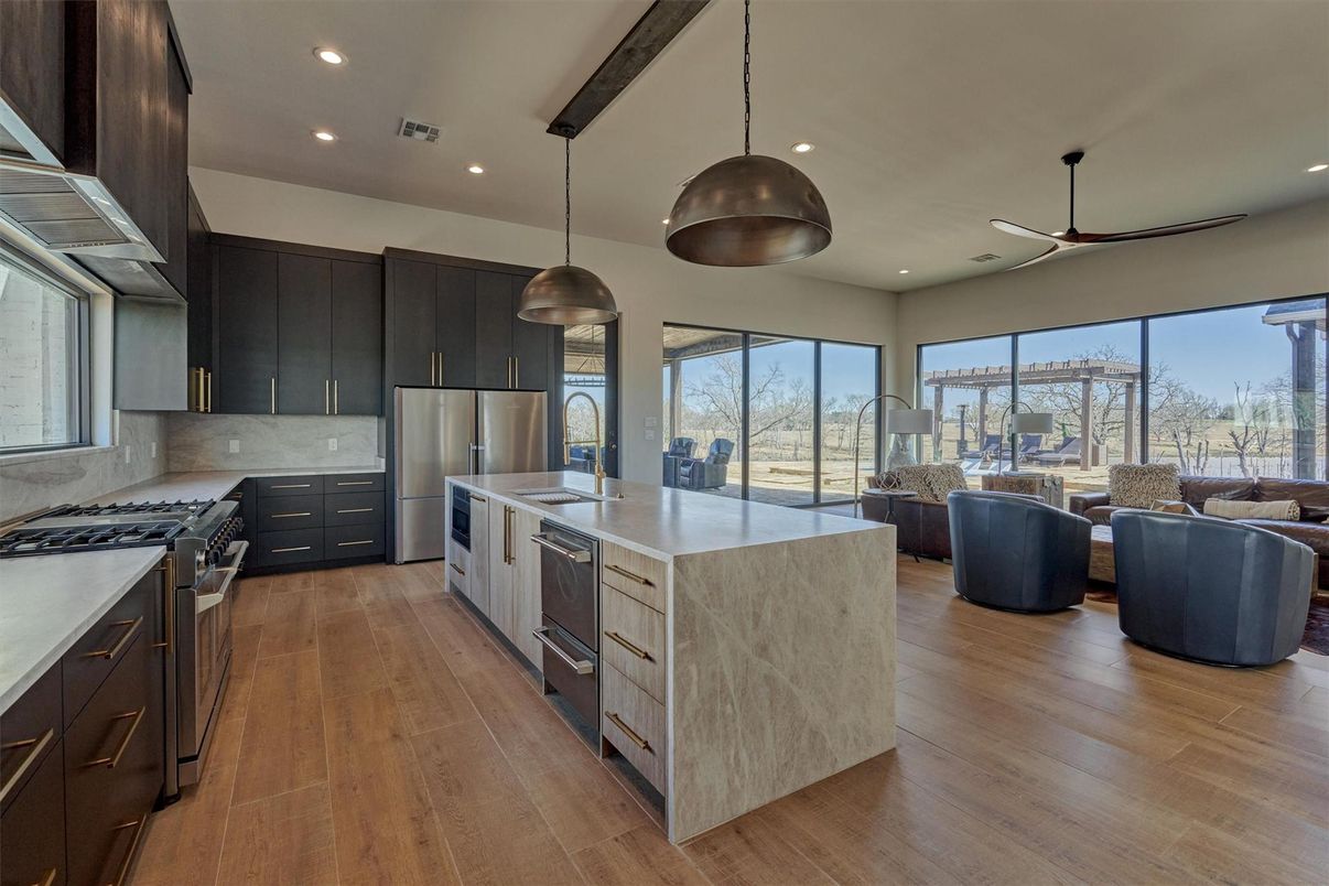 Interior, Kitchen, Living room, Pendant Lights, Recessed Lighting, Stainless Steel Appliances, Wood Texture Flooring