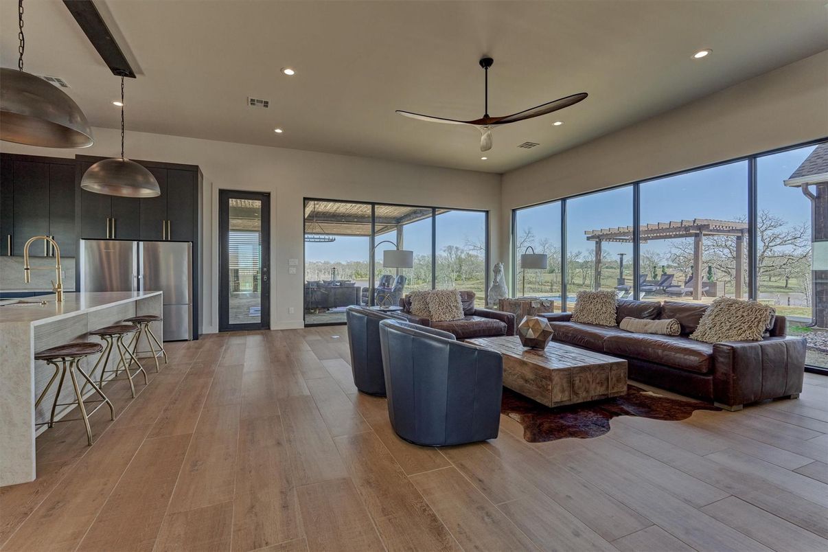 Interior, Kitchen, Living room, Pendant Lights, Recessed Lighting, Stainless Steel Appliances, Wood Texture Flooring