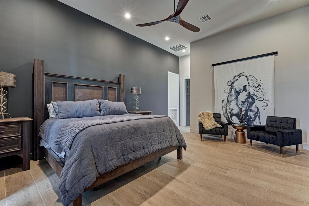 Bedroom, Interior, Recessed Lighting, Wood Texture Flooring