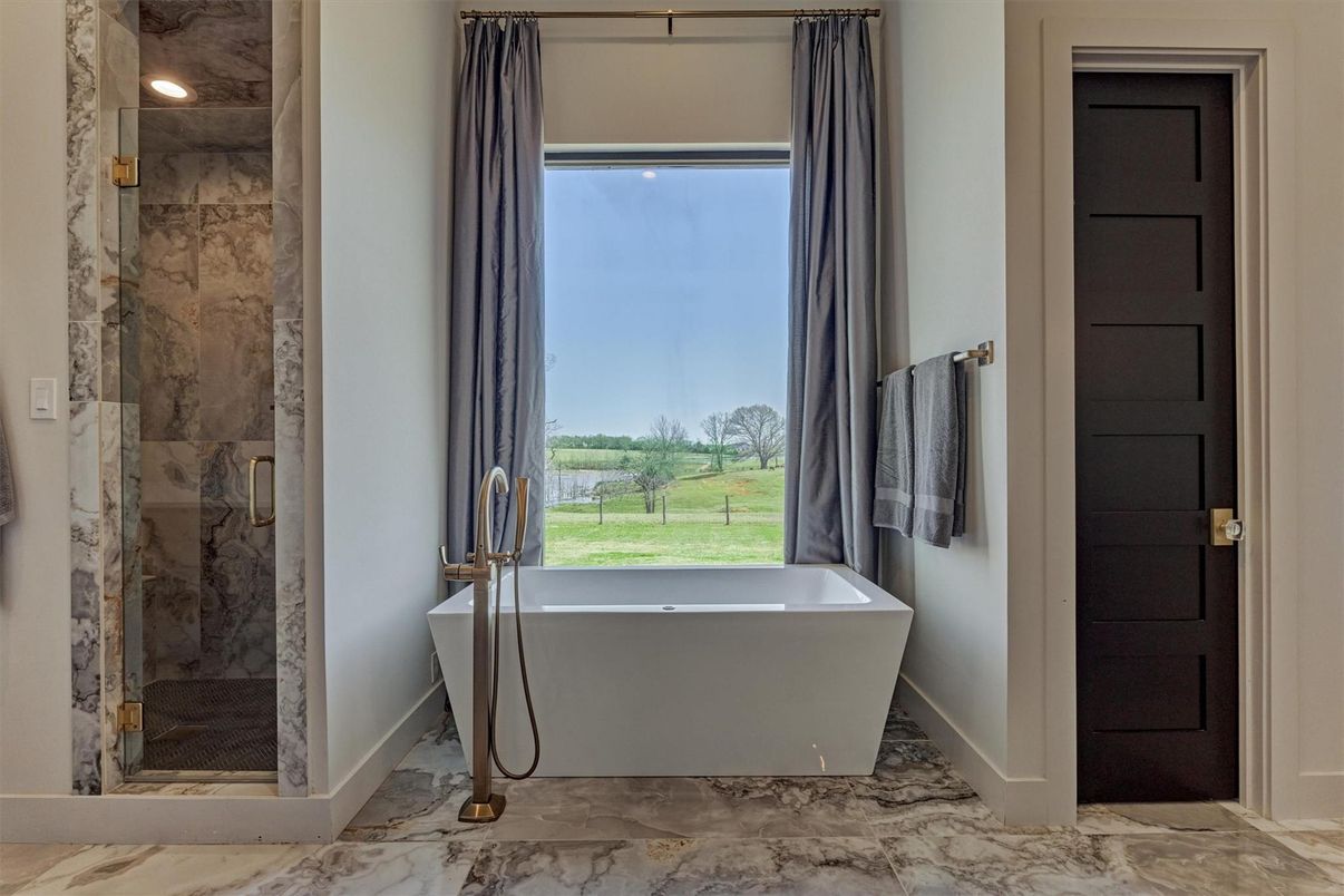 Bathroom, Free Standing Baths, Glass Shower, Interior, Marble, Marble Walls