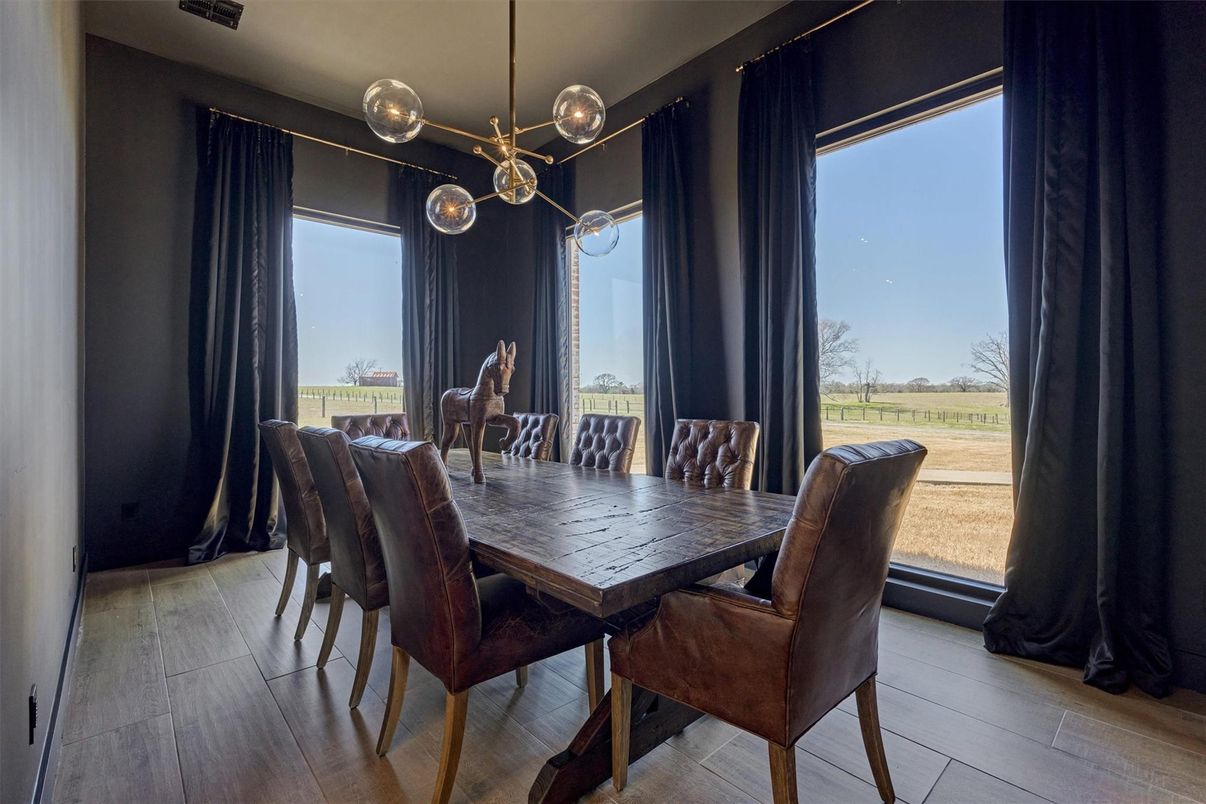 Dining room, Interior, Pendant Lights, Wood Texture Flooring