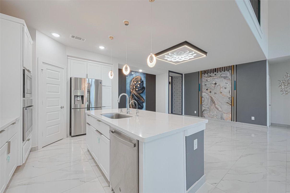 Interior, Kitchen, Marble, Pendant Lights, Recessed Lighting, Stainless Steel Appliances