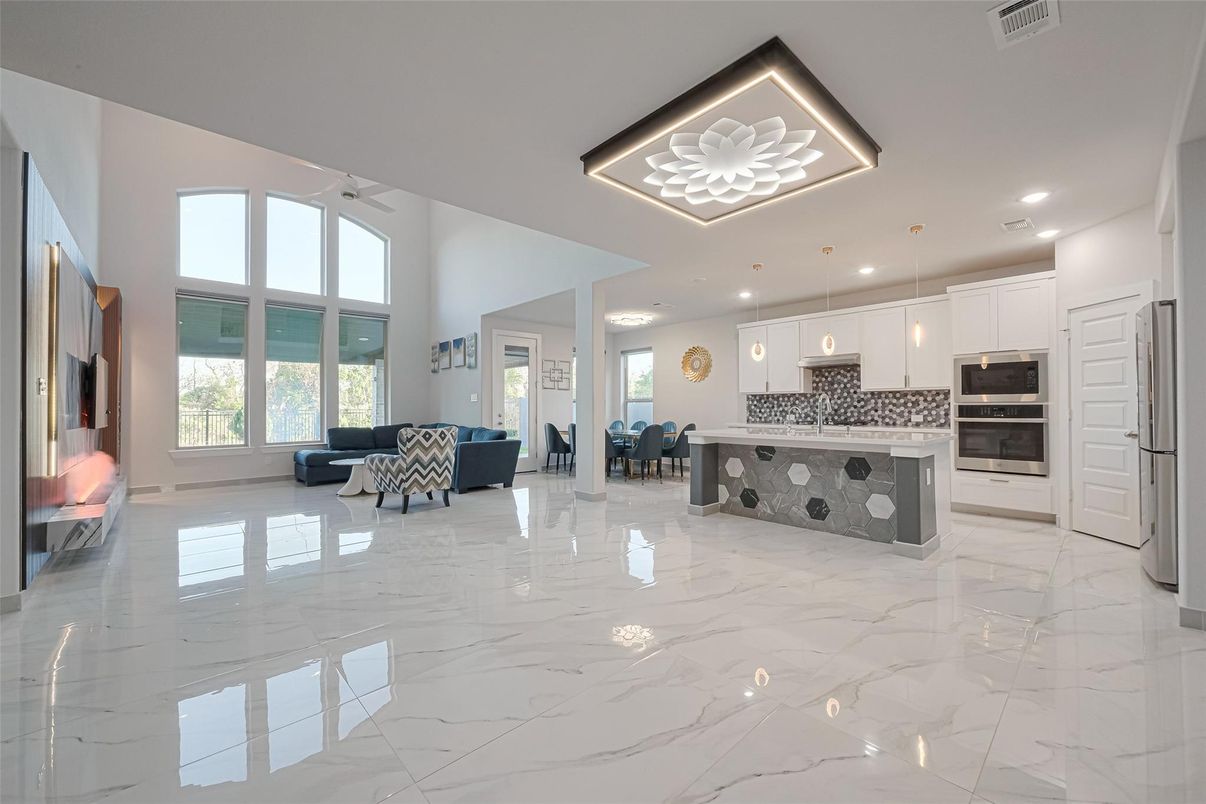 Dining room, Interior, Kitchen, Living room, Marble, Pendant Lights, Recessed Lighting, Stainless Steel Appliances