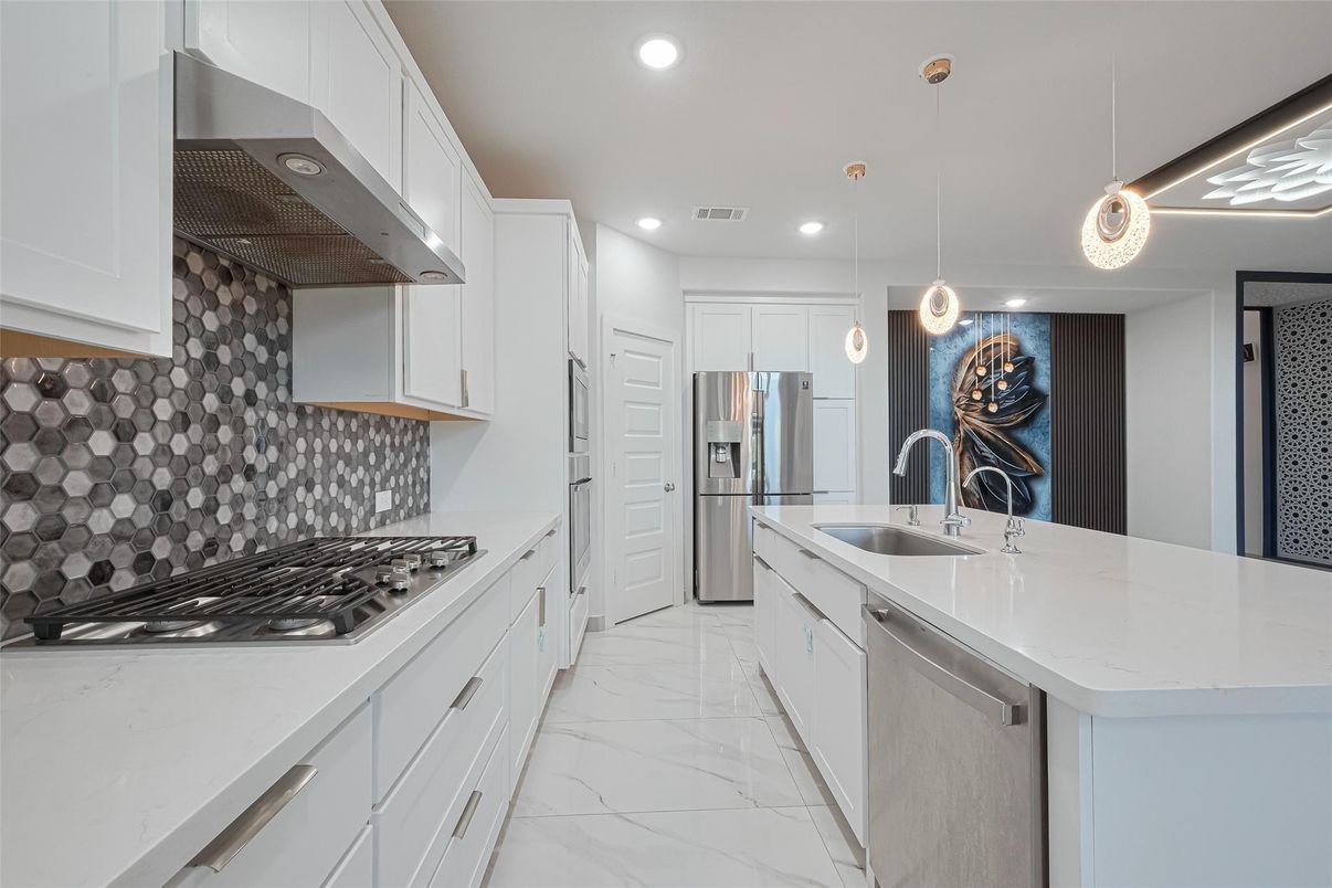 Interior, Kitchen, Marble, Pendant Lights, Recessed Lighting, Stainless Steel Appliances