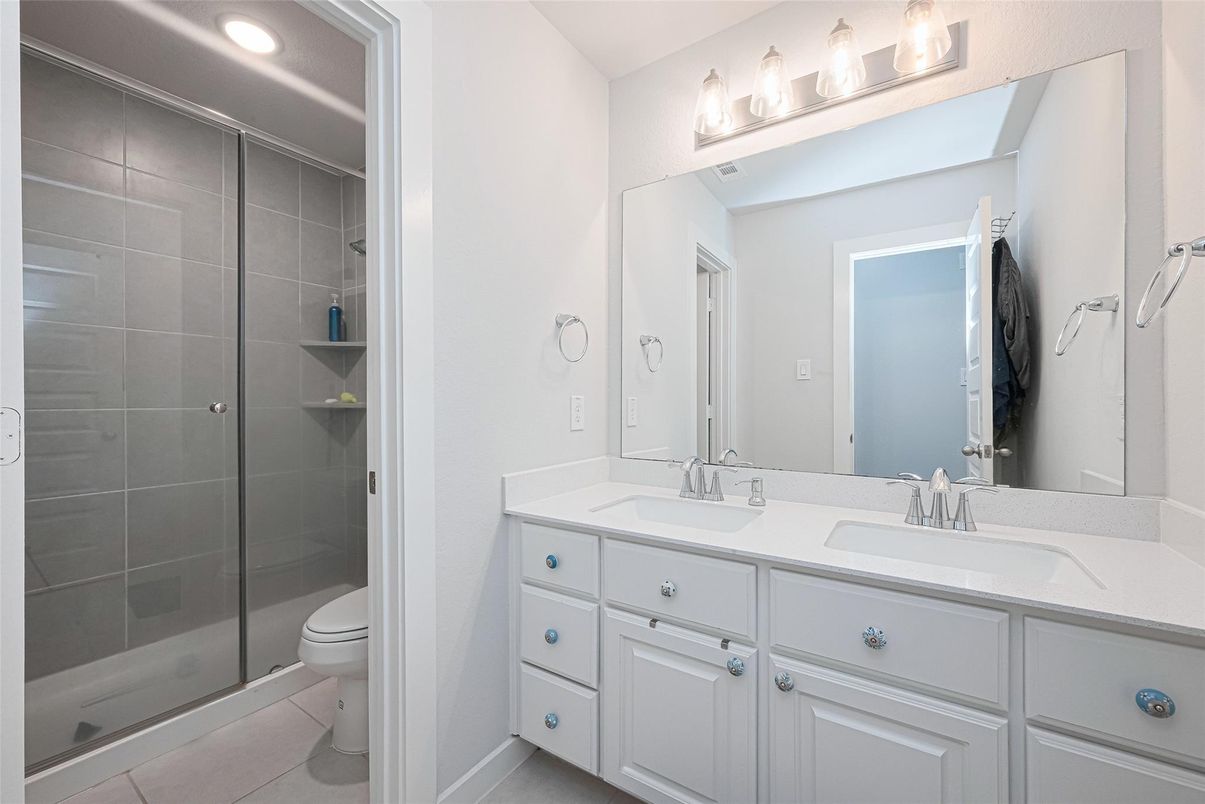 Bathroom, Dual Sink Vanities, Glass Shower, Interior, Recessed Lighting