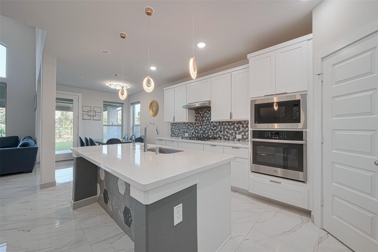 Interior, Kitchen, Marble, Pendant Lights, Recessed Lighting, Stainless Steel Appliances