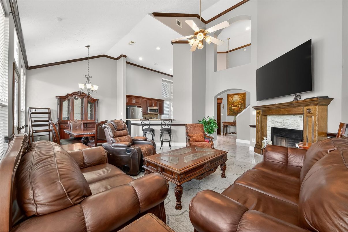 Chandelier, Dining room, Fireplace, Interior, Kitchen, Living room, Pendant Lights, Recessed Lighting