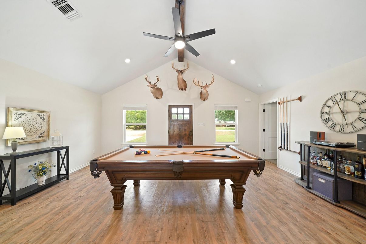 Billiard Table, Game Room, Interior, Recessed Lighting, Wood Texture Flooring