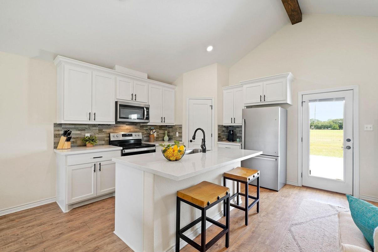 Interior, Kitchen, Recessed Lighting, Stainless Steel Appliances, Wooden Beams, Wood Texture Flooring