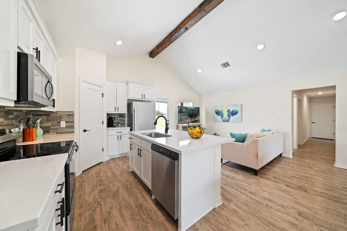 Interior, Kitchen, Living room, Recessed Lighting, Wooden Beams, Wood Texture Flooring