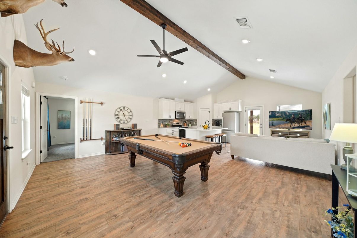 Billiard Table, Game Room, Interior, Recessed Lighting, Wooden Beams, Wood Texture Flooring