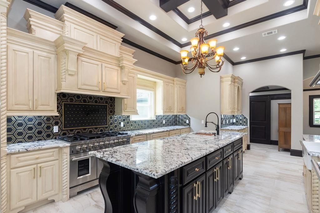 Chandelier, Interior, Kitchen, Recessed Lighting, Stainless Steel Appliances, Wooden Beams