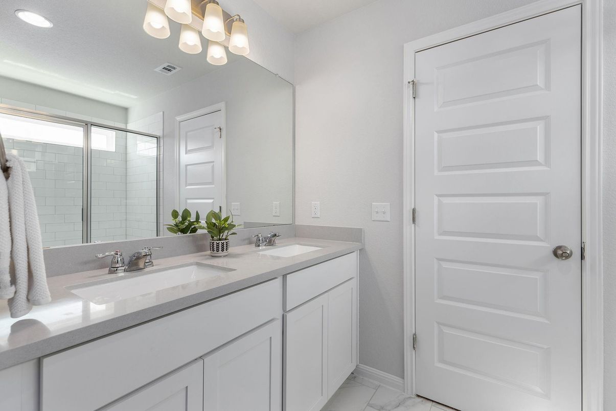 Bathroom, Dual Sink Vanities, Interior, Marble, Recessed Lighting