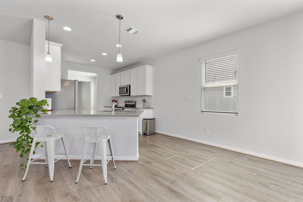 Interior, Kitchen, Pendant Lights, Recessed Lighting, Wood Texture Flooring