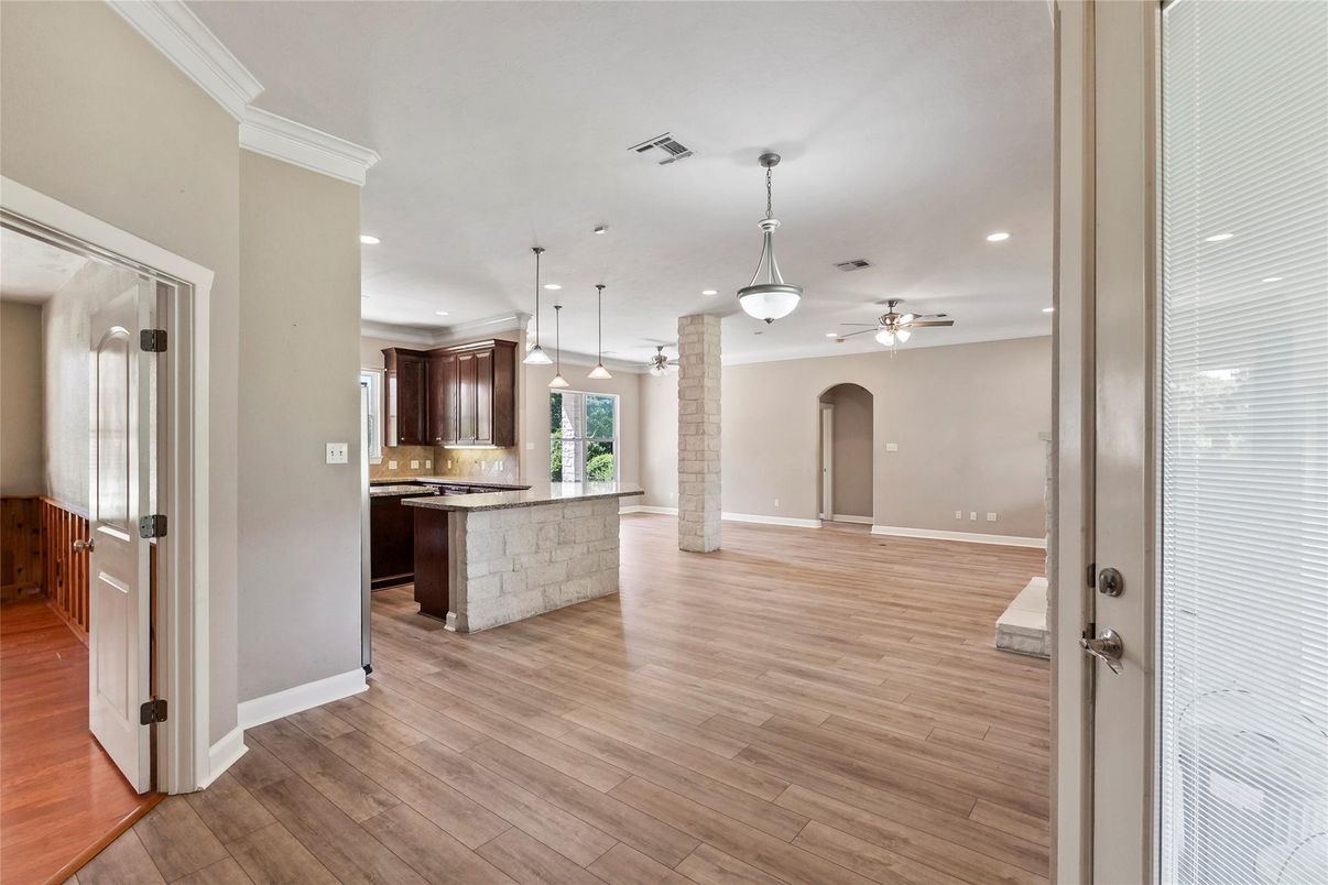 Empty room, Interior, Kitchen, Pendant Lights, Recessed Lighting, Wood Texture Flooring