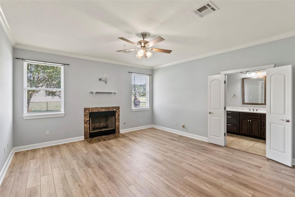 Bathroom, Empty room, Fireplace, Interior, Wood Texture Flooring