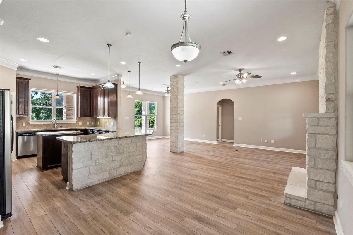 Interior, Kitchen, Pendant Lights, Recessed Lighting, Wood Texture Flooring