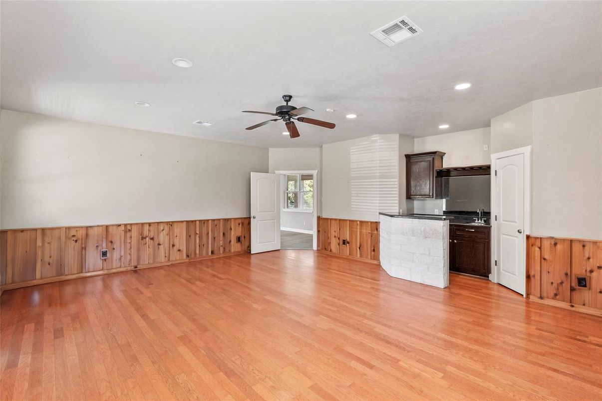Empty room, Interior, Kitchen, Recessed Lighting, Wood Texture Flooring