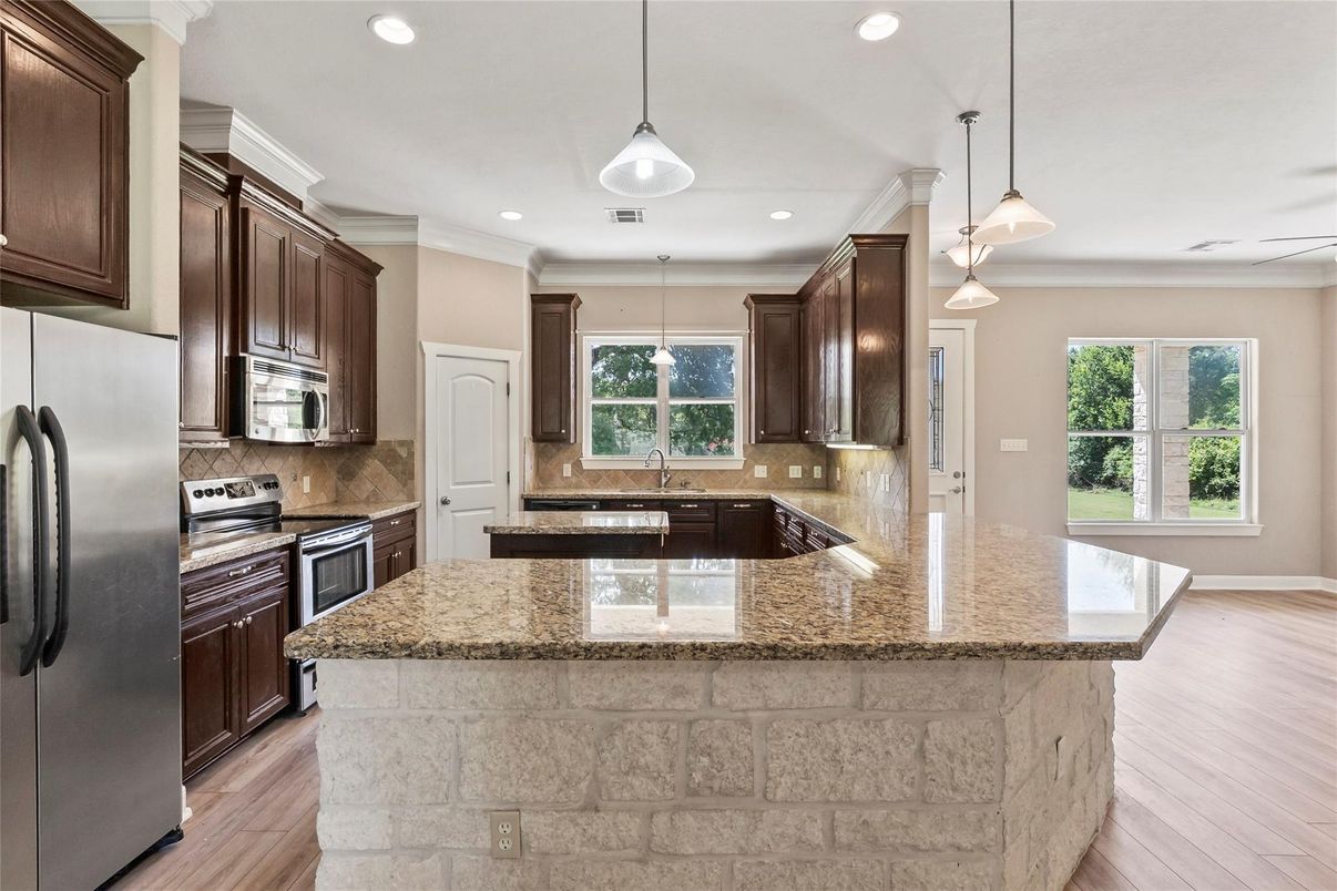 Interior, Kitchen, Pendant Lights, Recessed Lighting, Stainless Steel Appliances, Wood Texture Flooring