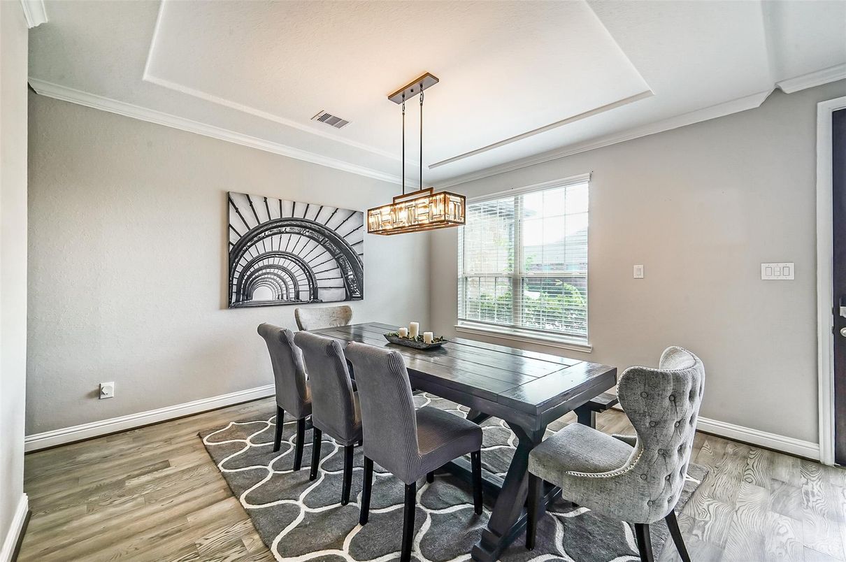 Dining room, Interior, Pendant Lights, Wood Texture Flooring