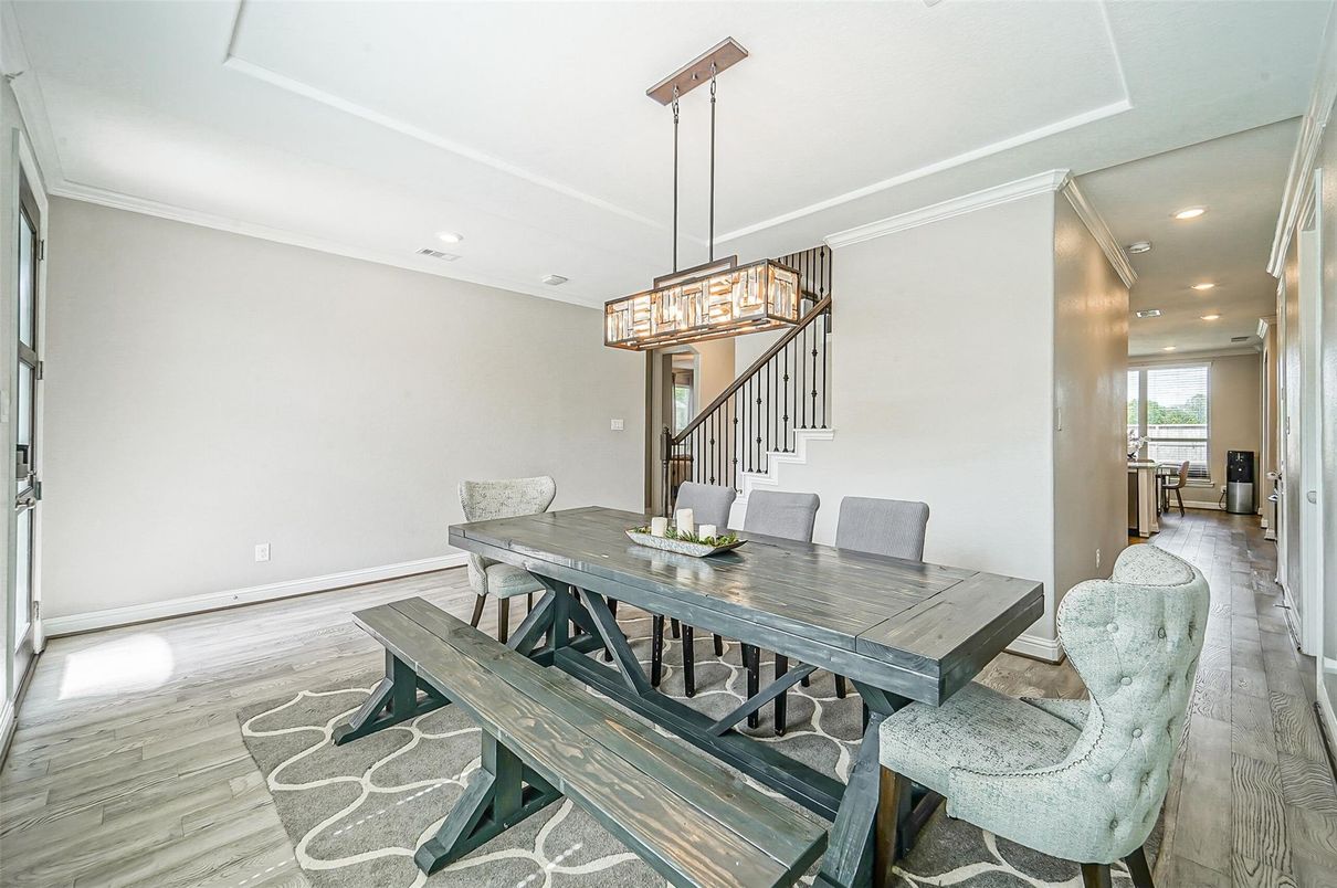 Dining room, Interior, Pendant Lights, Recessed Lighting, Wood Texture Flooring