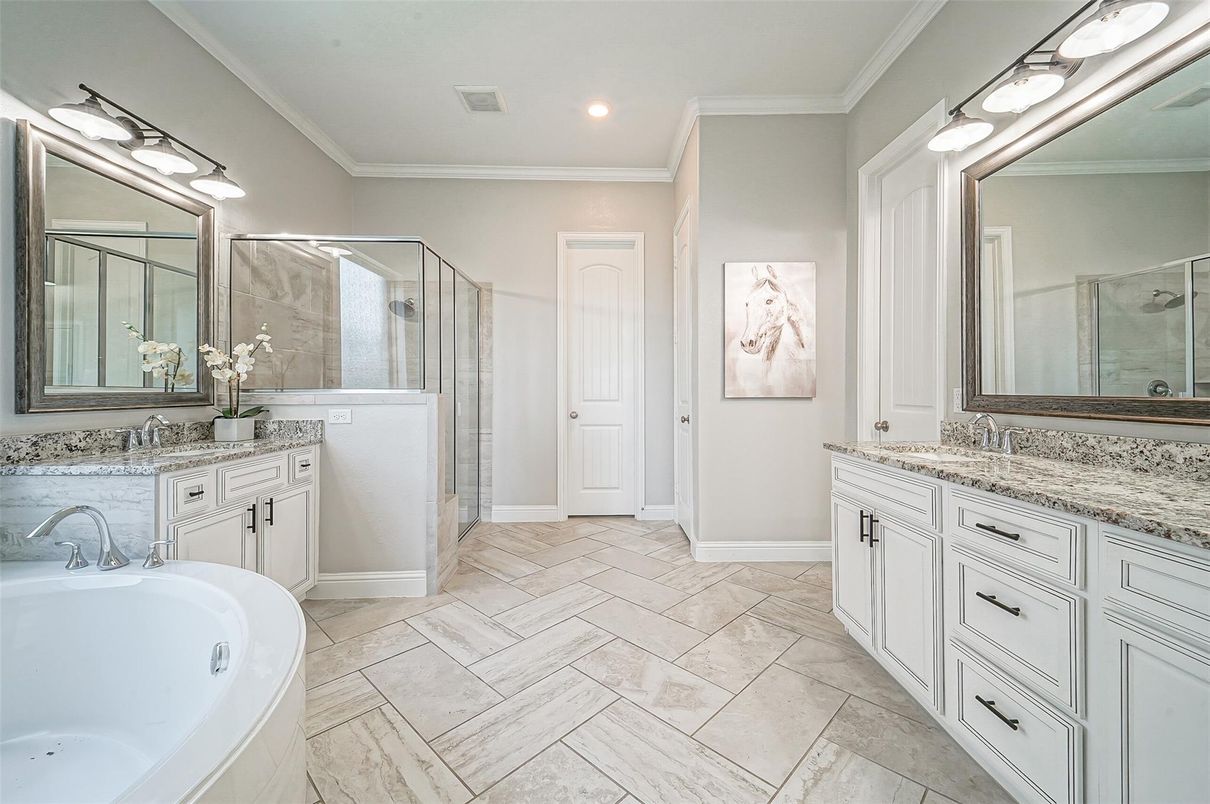 Bathroom, Dual Sink Vanities, Glass Shower, Interior, Recessed Lighting