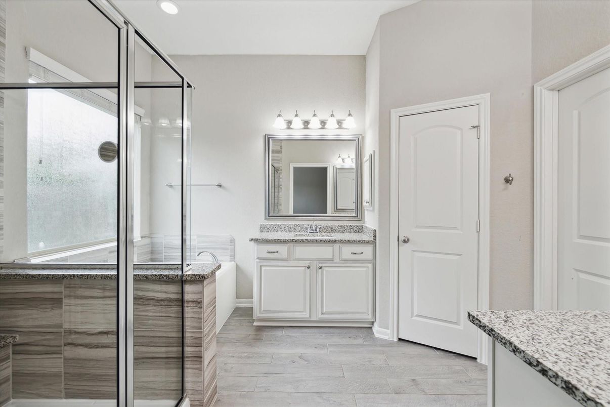 Bathroom, Glass Shower, Interior, Recessed Lighting, Wood Texture Flooring