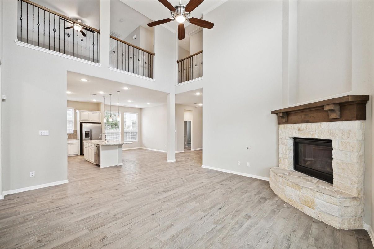 Fireplace, Interior, Kitchen, Pendant Lights, Recessed Lighting, Wood Texture Flooring