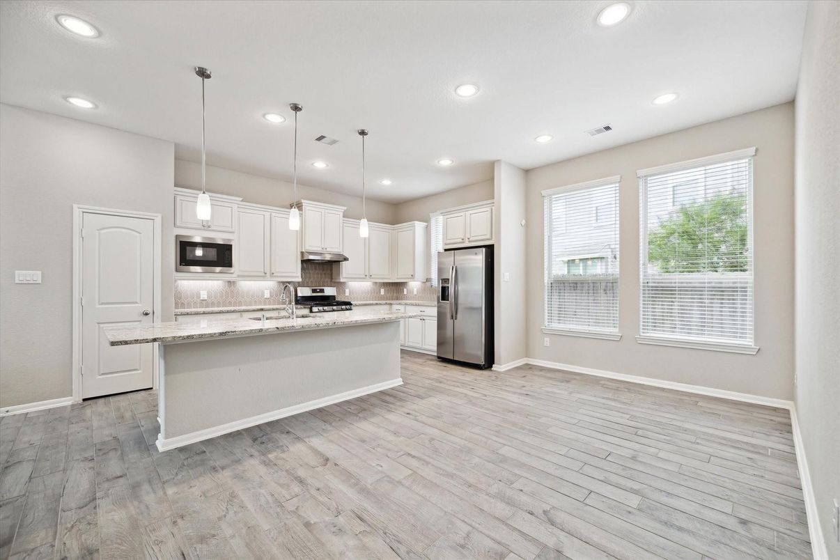 Interior, Kitchen, Pendant Lights, Recessed Lighting, Stainless Steel Appliances, Wood Texture Flooring