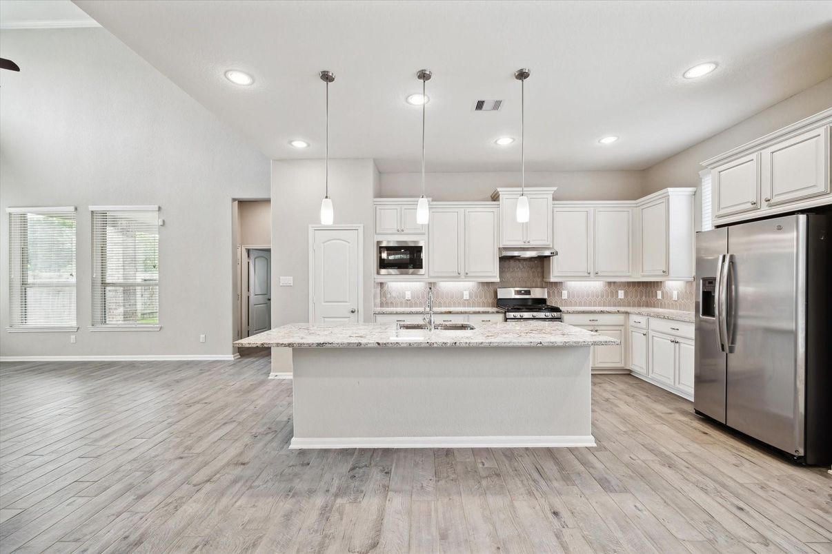 Interior, Kitchen, Pendant Lights, Recessed Lighting, Stainless Steel Appliances, Wood Texture Flooring