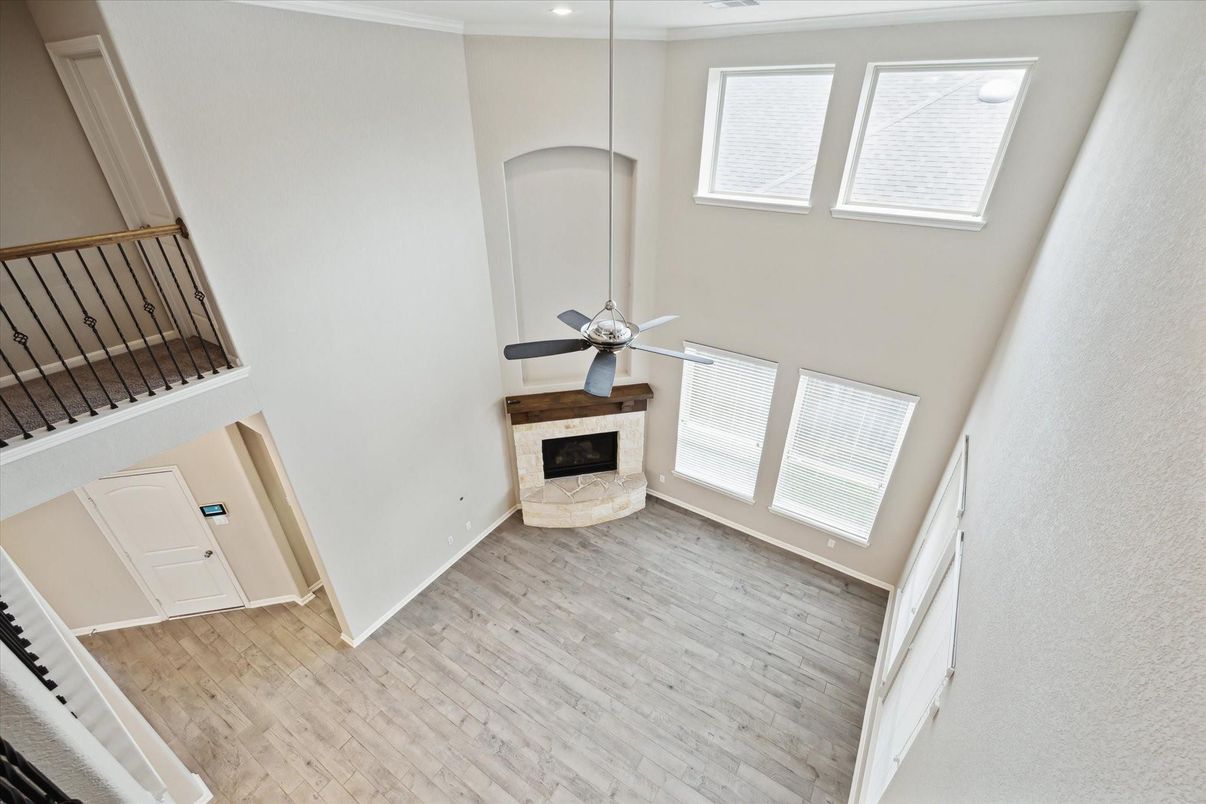 Empty room, Fireplace, Interior, Recessed Lighting, Wood Texture Flooring