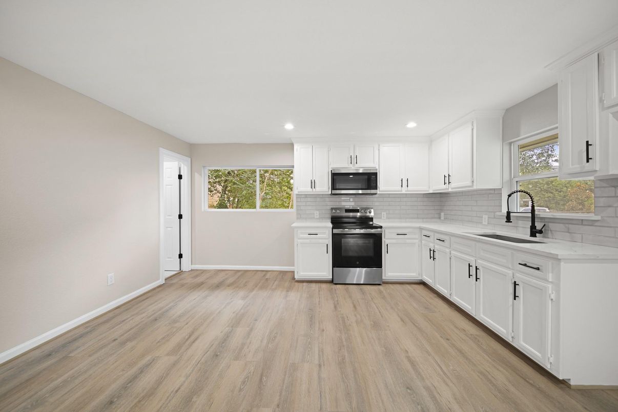 Interior, Kitchen, Recessed Lighting, Stainless Steel Appliances, Wood Texture Flooring