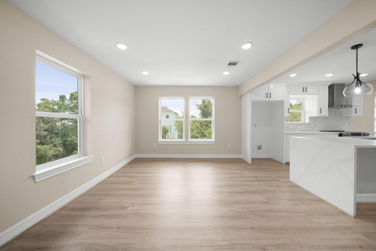 Empty room, Interior, Kitchen, Marble Walls, Pendant Lights, Recessed Lighting, Wood Texture Flooring