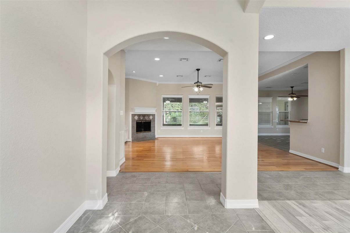 Empty room, Fireplace, Interior, Recessed Lighting, Wood Texture Flooring