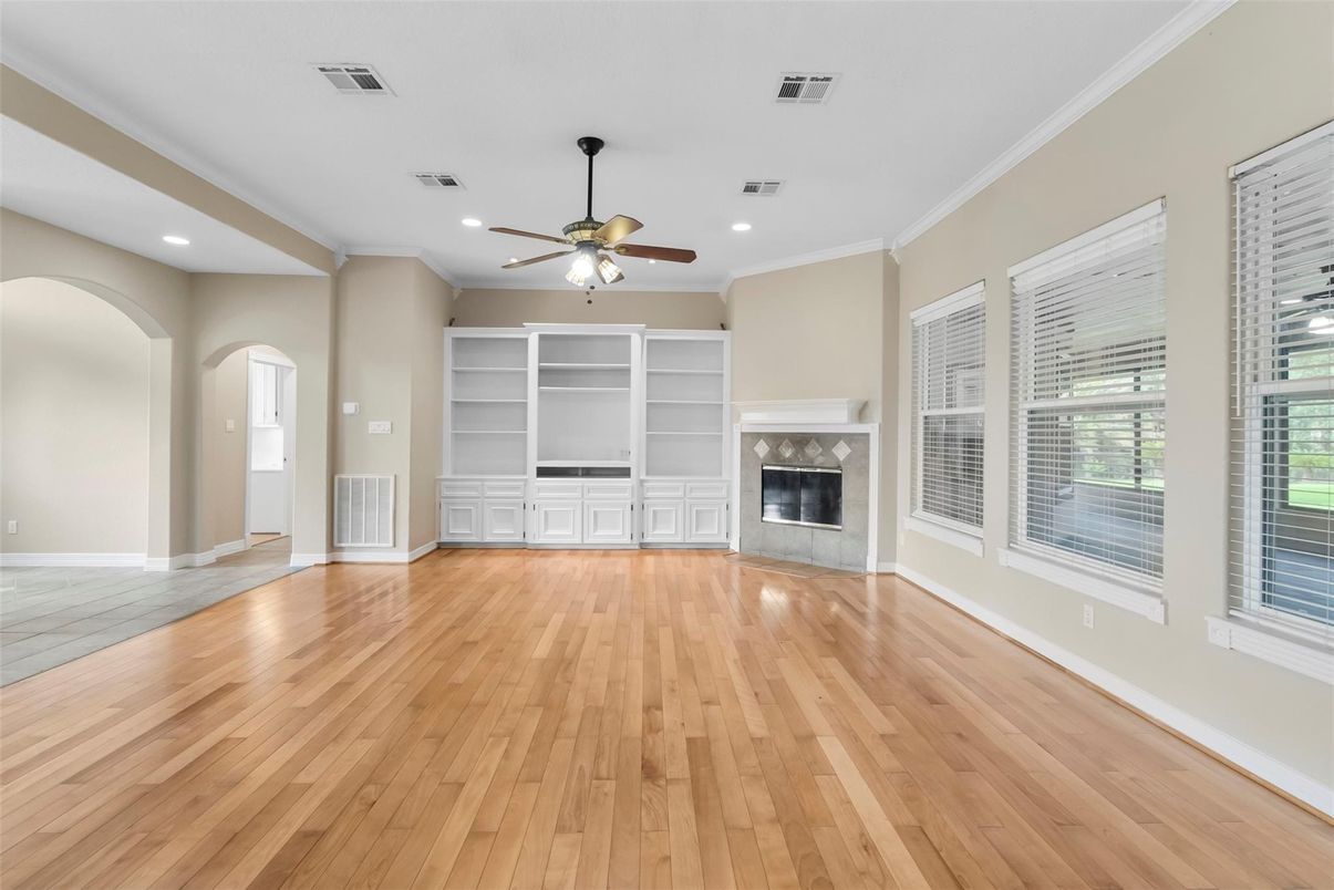 Empty room, Fireplace, Interior, Recessed Lighting, Wood Texture Flooring