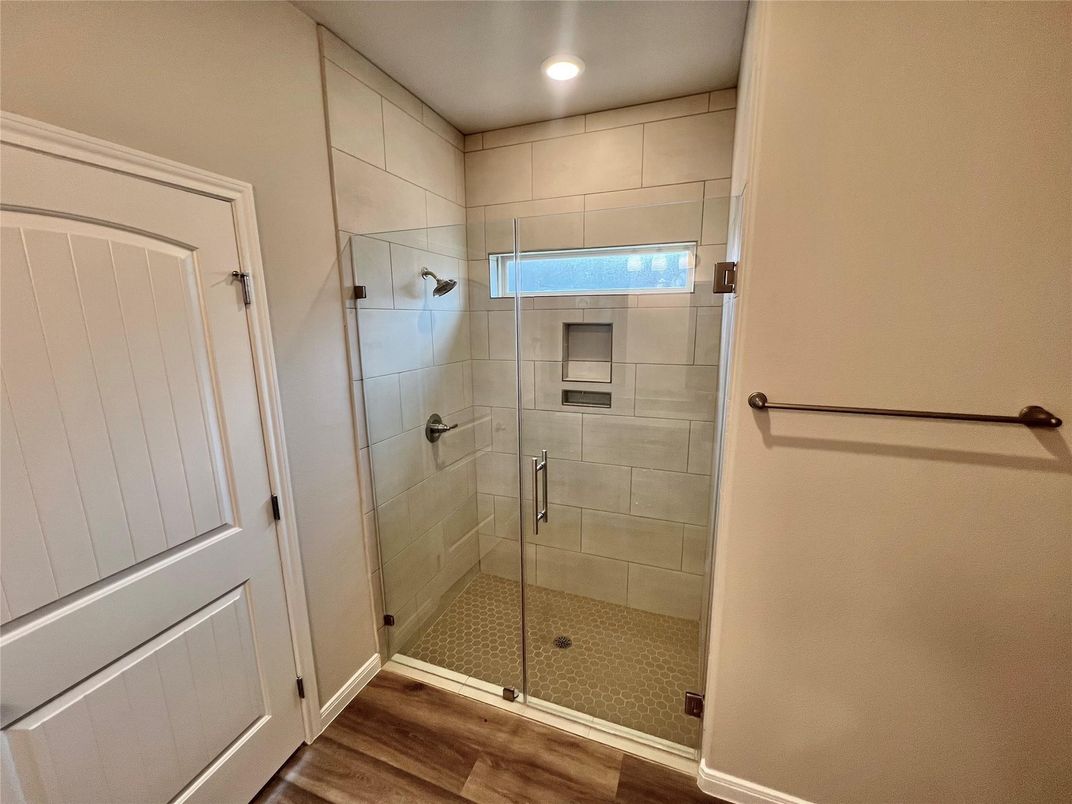 Bathroom, Glass Shower, Interior, Recessed Lighting, Wood Texture Flooring