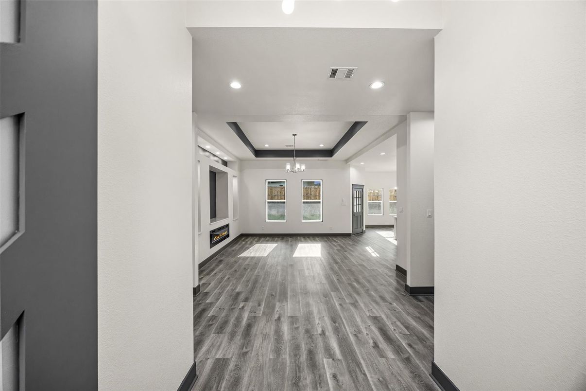 Chandelier, Fireplace, Interior, Recessed Lighting, Wood Texture Flooring