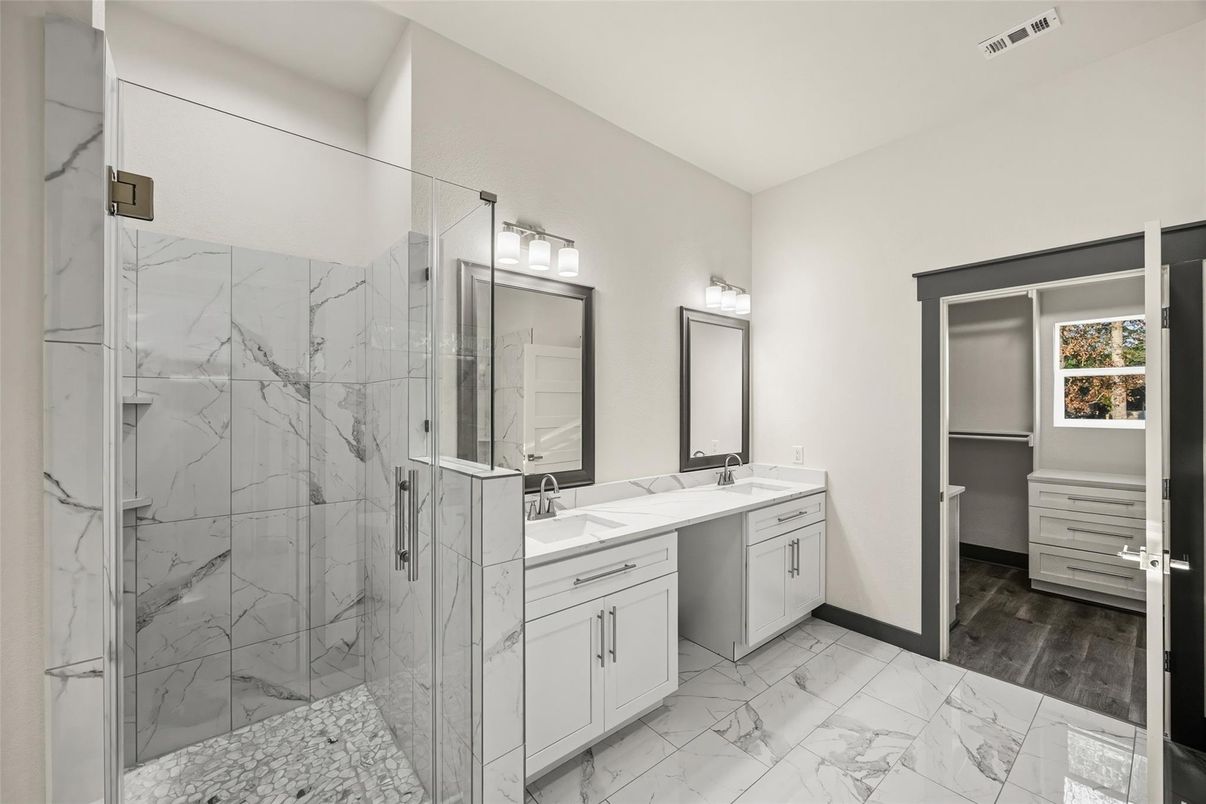 Bathroom, Dual Sink Vanities, Glass Shower, Interior, Marble, Marble Walls, Wood Texture Flooring