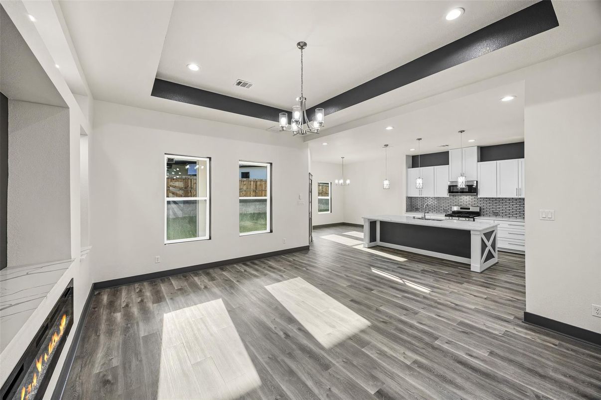 Interior, Kitchen, Pendant Lights, Recessed Lighting, Wood Texture Flooring