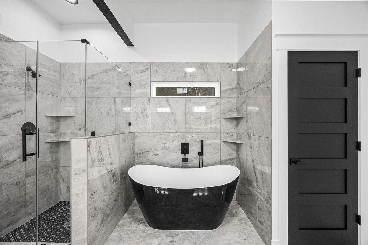 Bathroom, Free Standing Baths, Glass Shower, Interior, Marble Walls