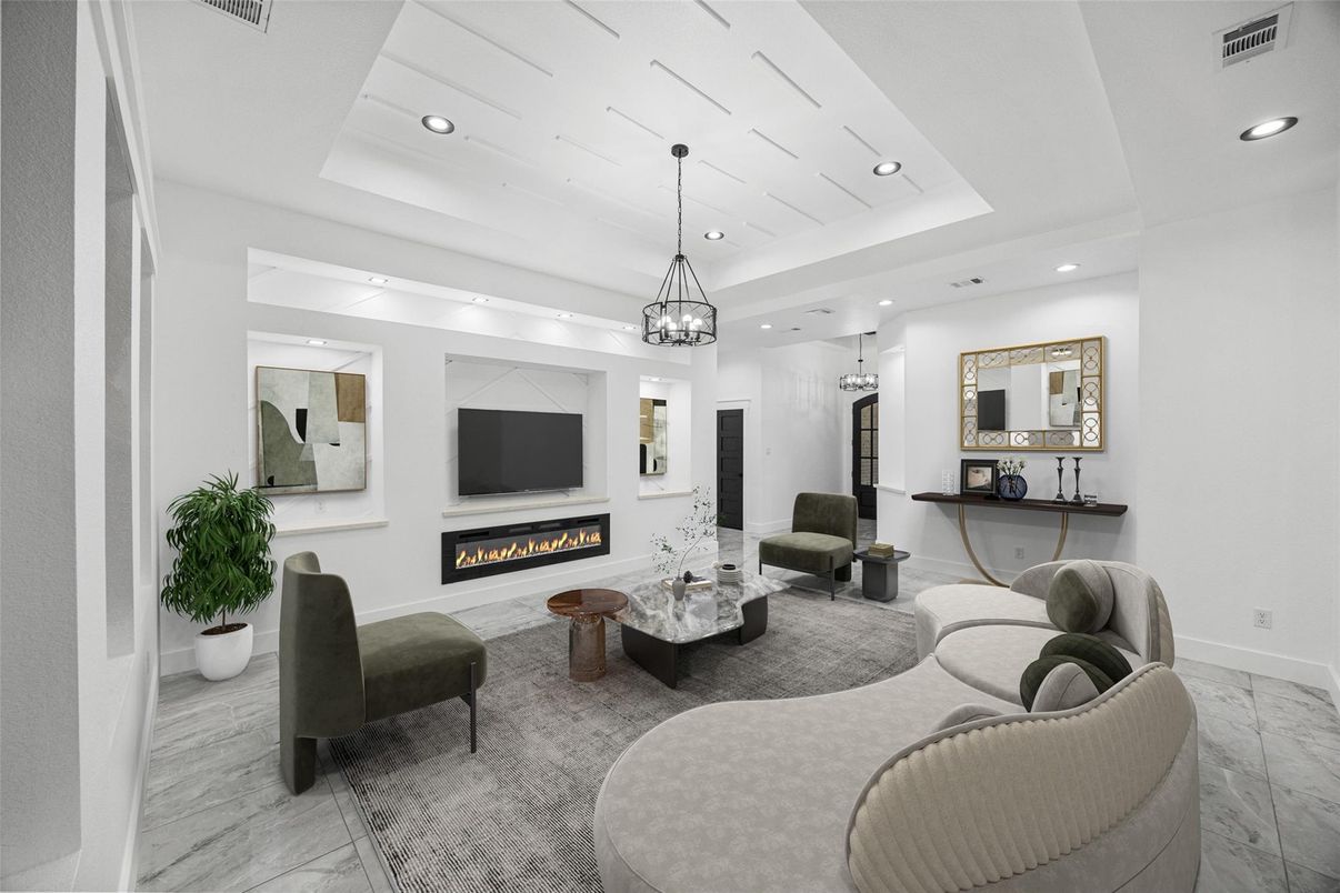 Fireplace, Interior, Living room, Marble, Pendant Lights, Recessed Lighting